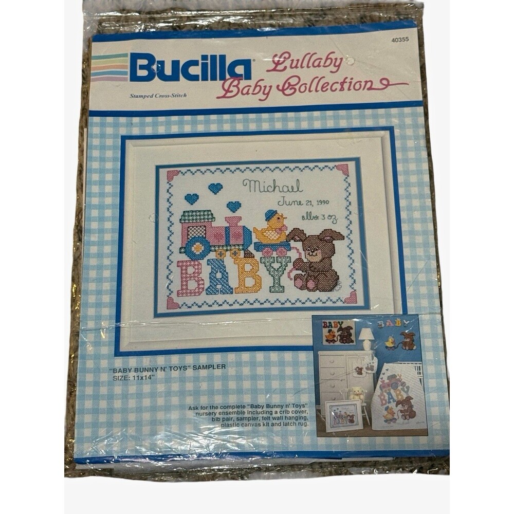 Bucilla 40355 Baby Bunny N Toys Stamped Cross Stitch Kit 11x14 Vintage